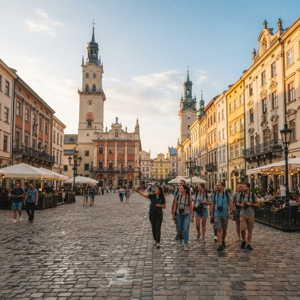 Starówka we Lwowie o złotej godzinie, mała grupa turystów z przewodnikiem